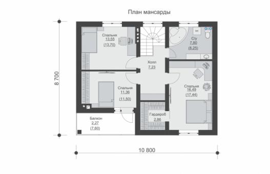 Одноэтажный жилой дом с мансардой, террасой и балконом